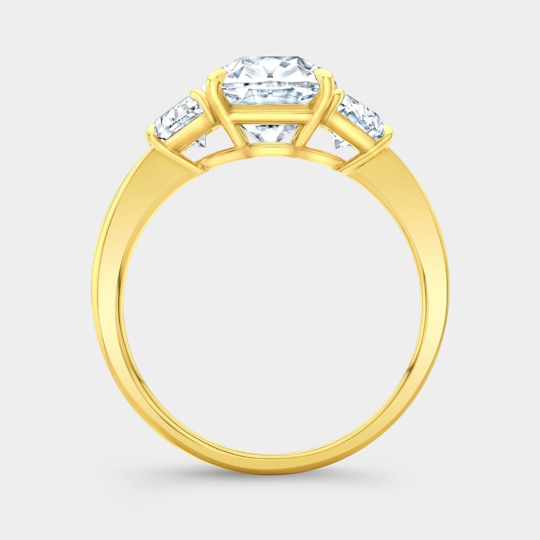 Cushion Diamond Old Mine with Half Moon Side Stones Yellow Gold Engagement Ring