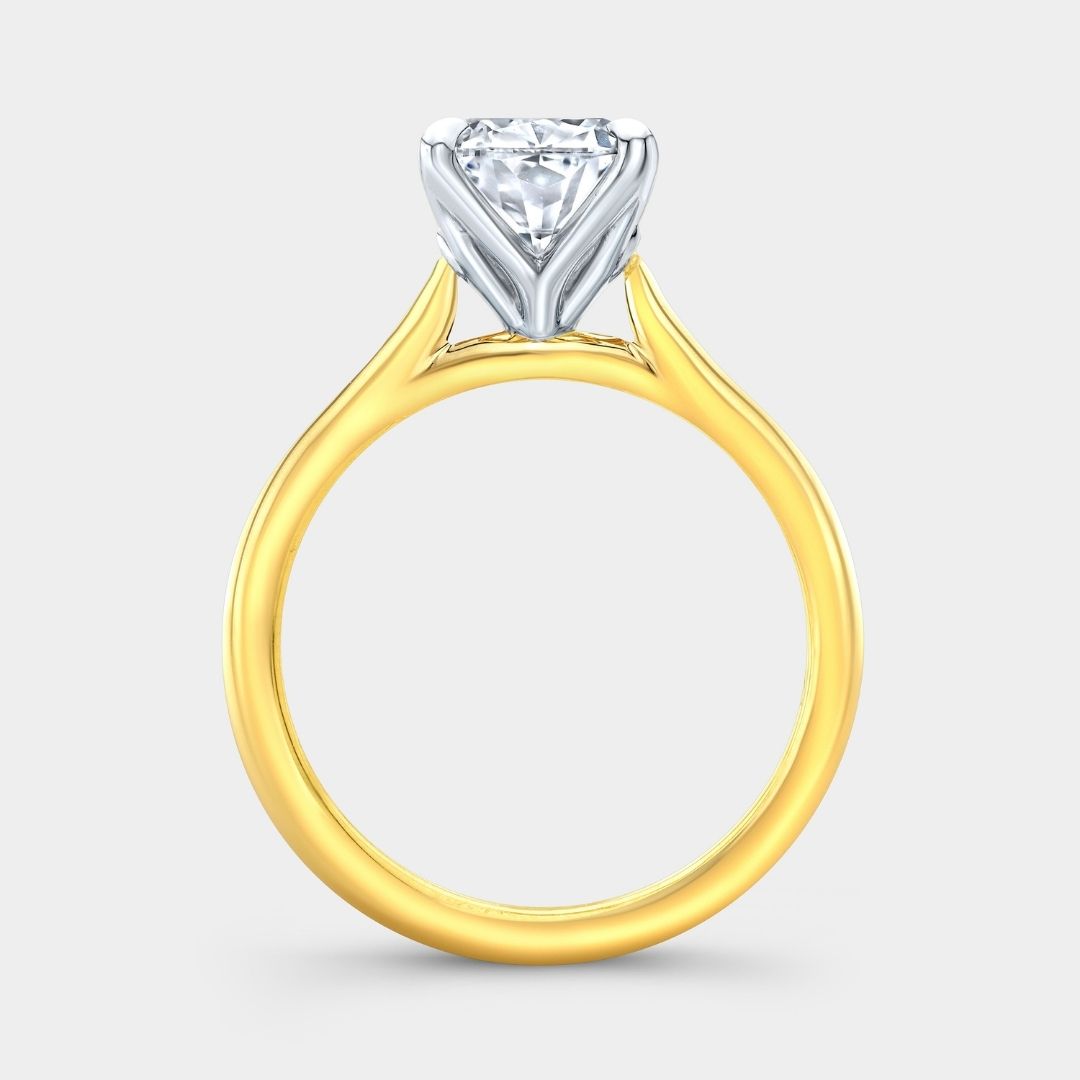 Cushion Diamond Tulip Low Tapered Cathedral Solitaire Yellow Gold And Platinum Engagement Ring
