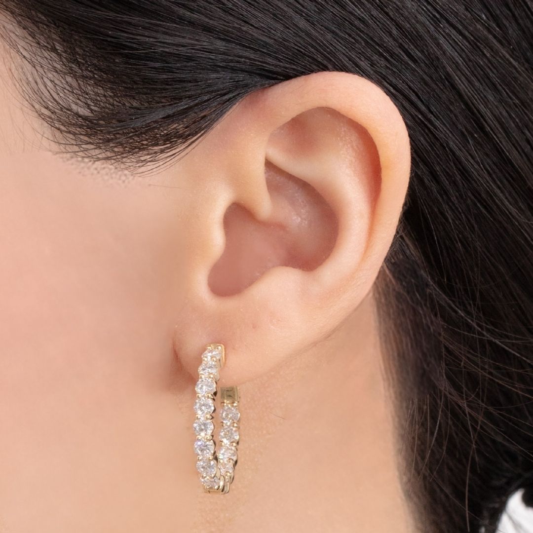 3.25ct Oval Shaped Lab Grown Round Diamond Yellow Gold Inside Out Hoop Earrings