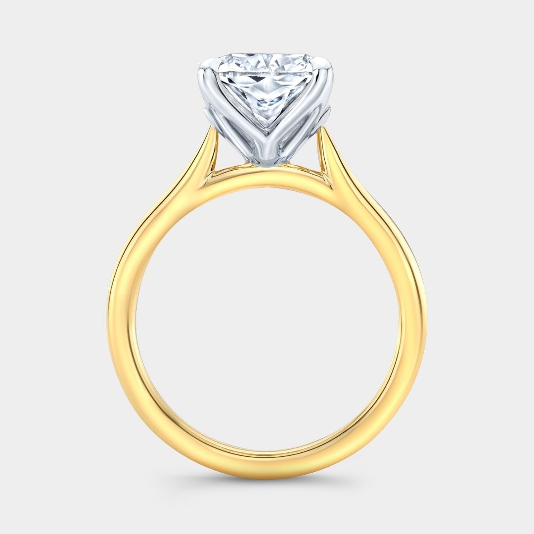 Cushion Diamond Tulip Tapered Cathedral Solitaire Yellow Gold And Platinum Engagement Ring