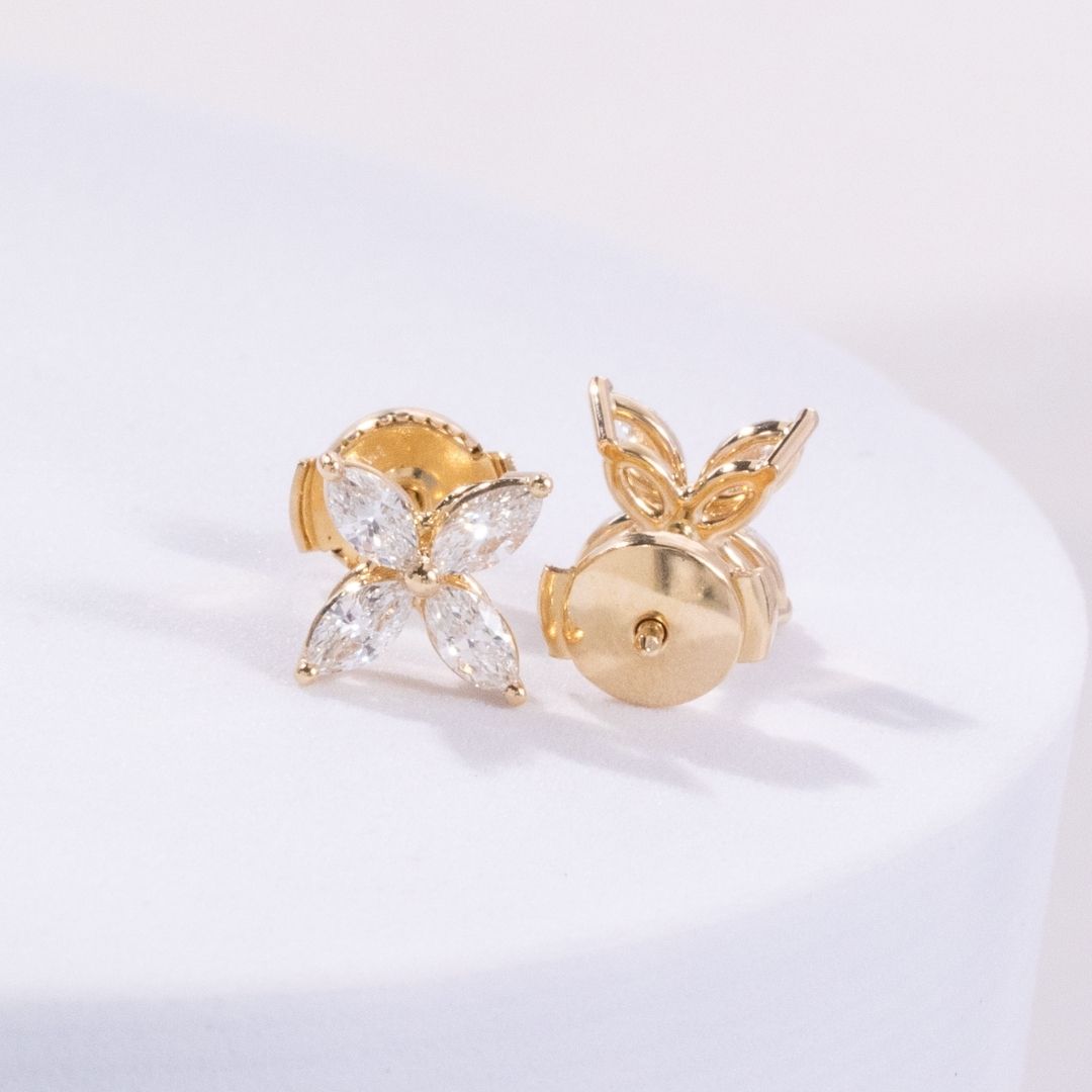 0.68ct Lab Grown Marquise Diamond La Fleur Stud Earrings Yellow Gold
