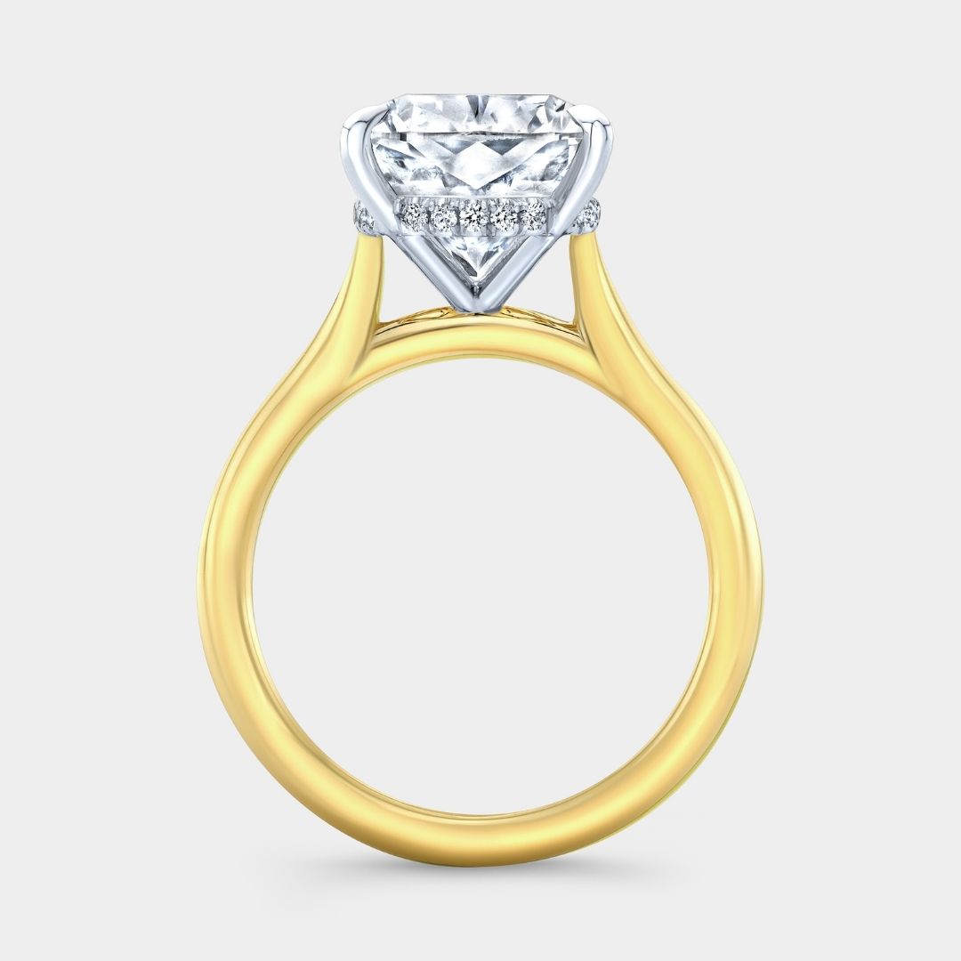 Cushion Diamond Hidden Halo Tapered Cathedral Solitaire Yellow Gold And Platinum Engagement Ring