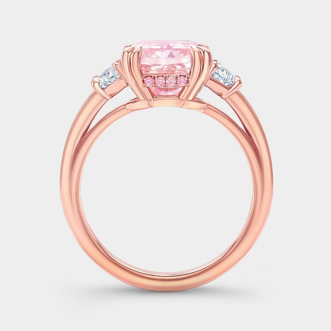 3.50ct Fancy Pink Cushion Diamond Hidden Halo with Half Moon Side Stones Rose Gold Engagement Ring