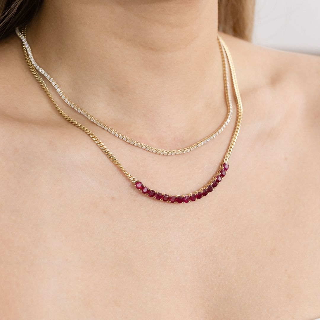 6ct Natural Cushion Cut Ruby Yellow Gold Cuban Tennis Necklace