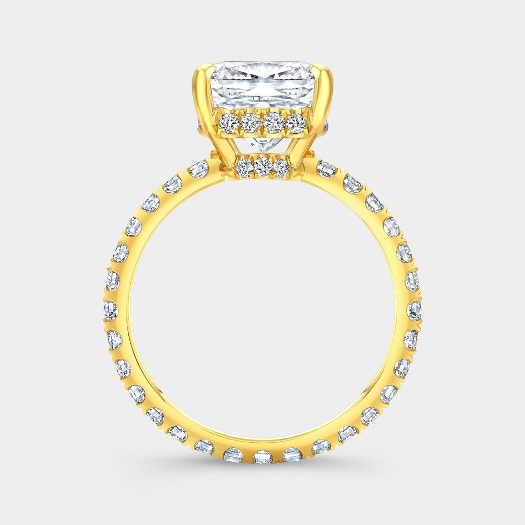Cushion Diamond Double Hidden Halo U Pave Yellow Gold Engagement Ring