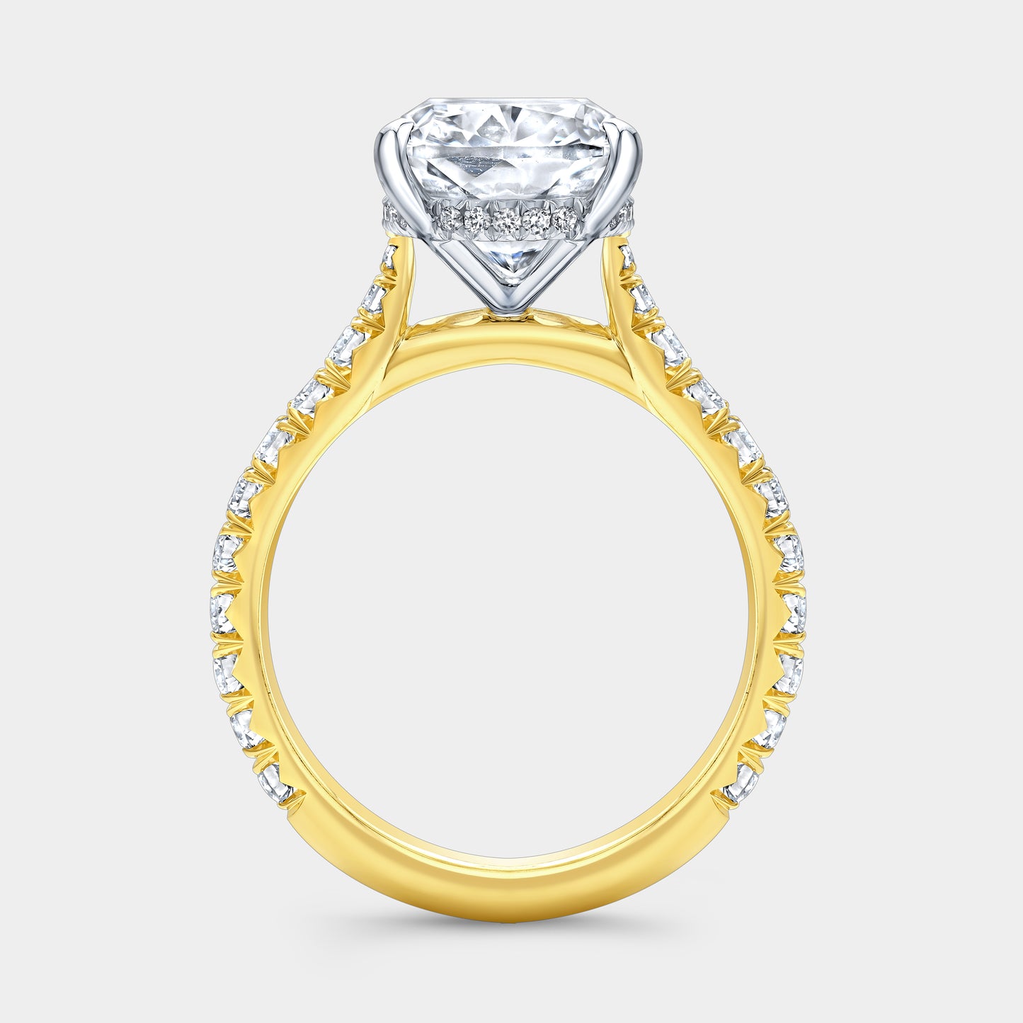 Cushion Diamond Hidden Halo Hidden Purple Amethyst Tapered Cathedral French Pave Yellow Gold And Platinum Engagement Ring