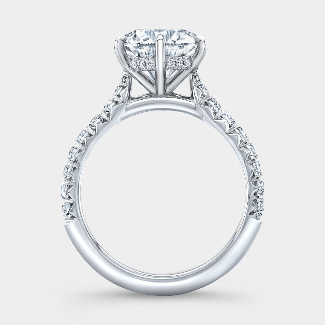 Round Diamond Hidden Halo Tapered Cathedral  6 Prong with French Pave Platinum Engagement Ring