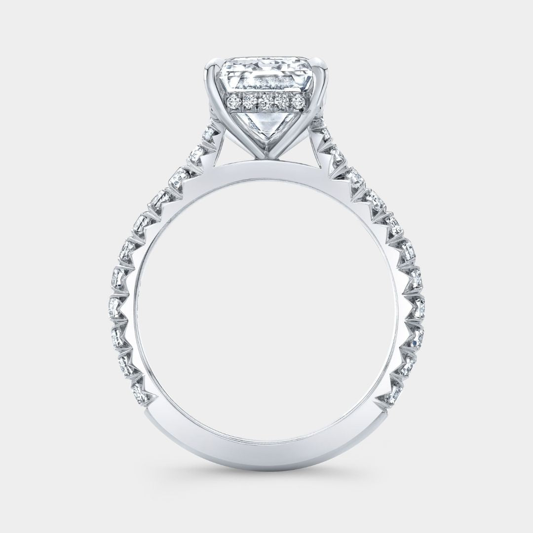 4.10ct Lab Emerald Diamond Hidden Halo Cathedral French Pave Platinum Engagement Ring