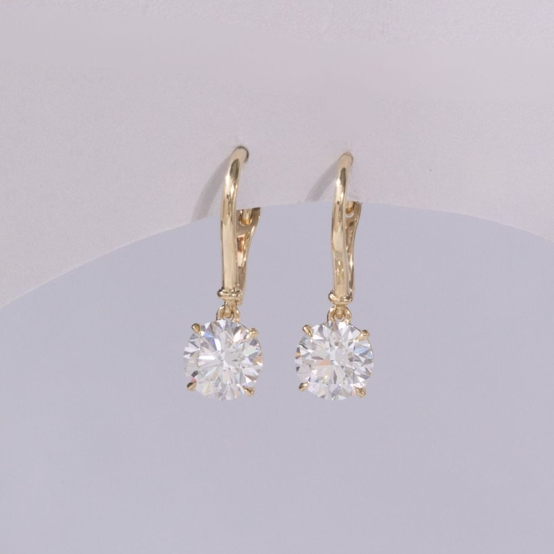 2ct Lab Grown Round Diamond 4 Prong Basket Yellow Gold Dangle Drop Earrings