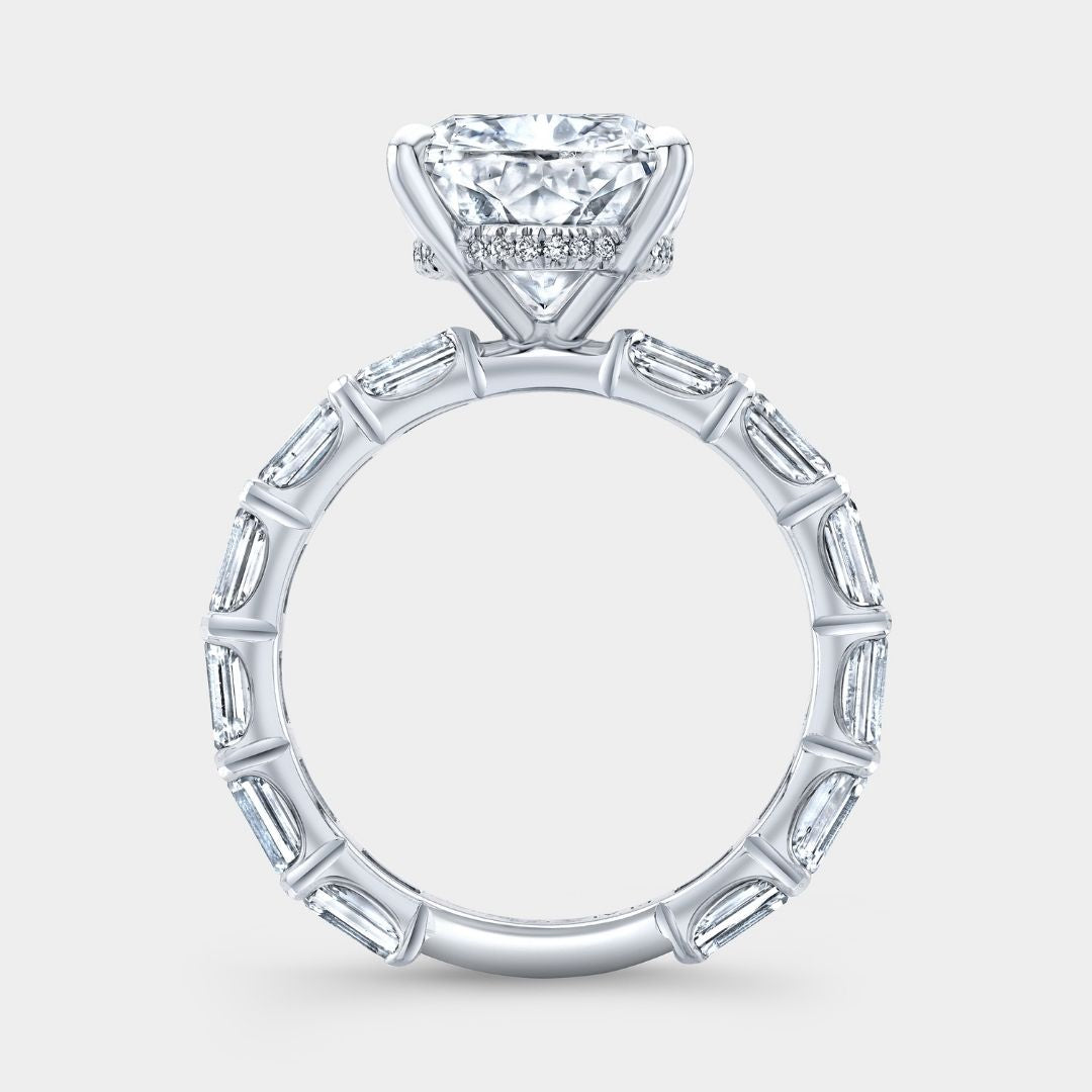 Cushion Diamond Hidden Halo East–West Emerald Cut Diamond Band Platinum Engagement Ring