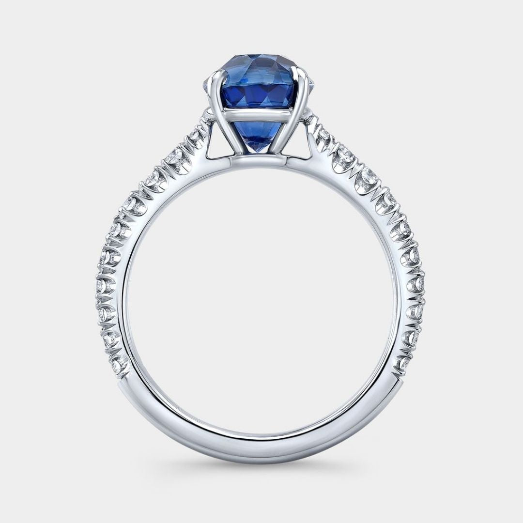 Oval Blue Sapphire Gemstone with U Pave Tapered Cathedral Platinum Engagement Ring