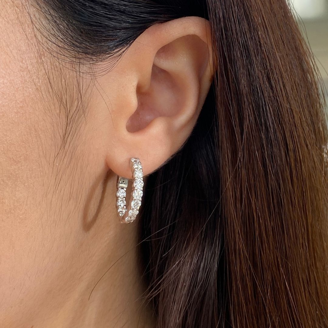 2ct Lab Grown Round Diamond Inside Out Shared Prong White Gold Hoop Earrings