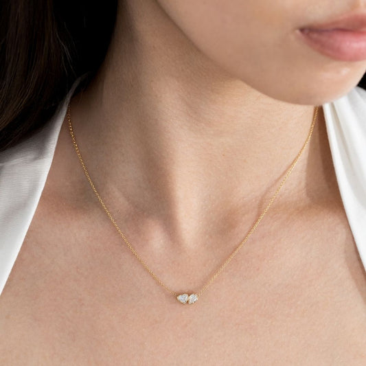 Toi Et Moi Heart & Pear Shape Diamond Bezel Pendant Yellow Gold Necklace