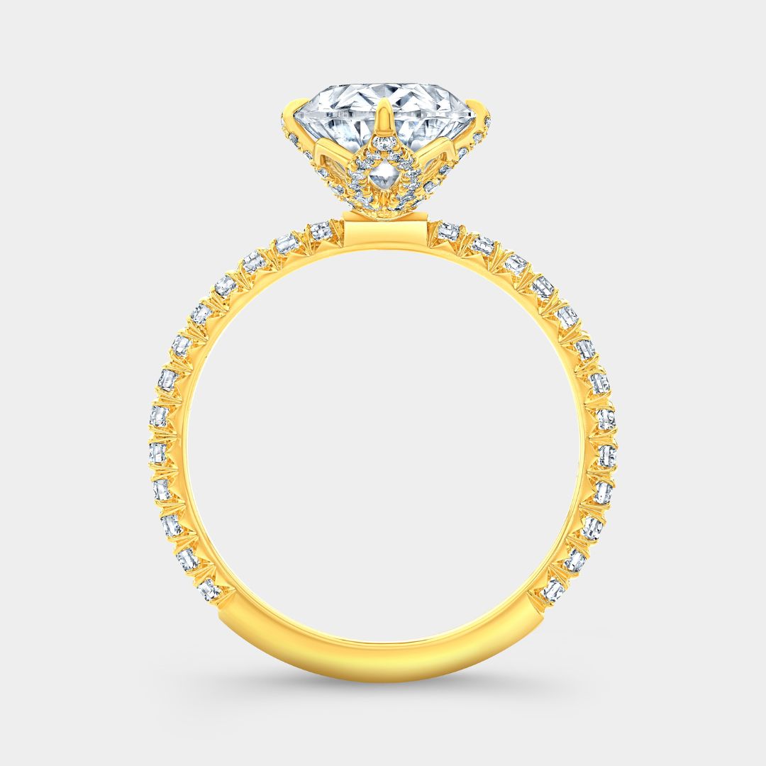 Oval Diamond Full Diamond Tulip Basket French Pave Yellow Gold Engagement Ring