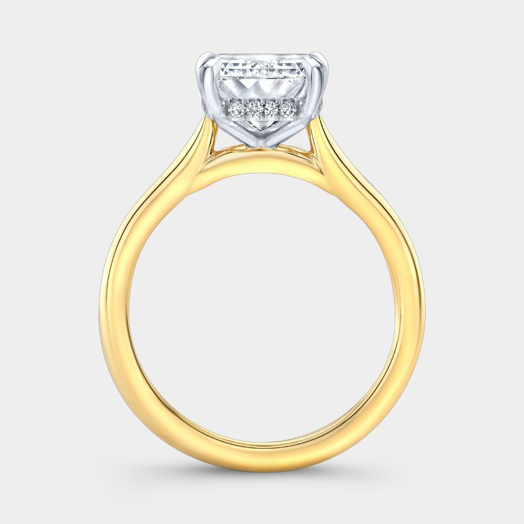 Emerald Diamond Hidden Halo Cathedral Solitaire Yellow Gold and Platinum Engagement Ring