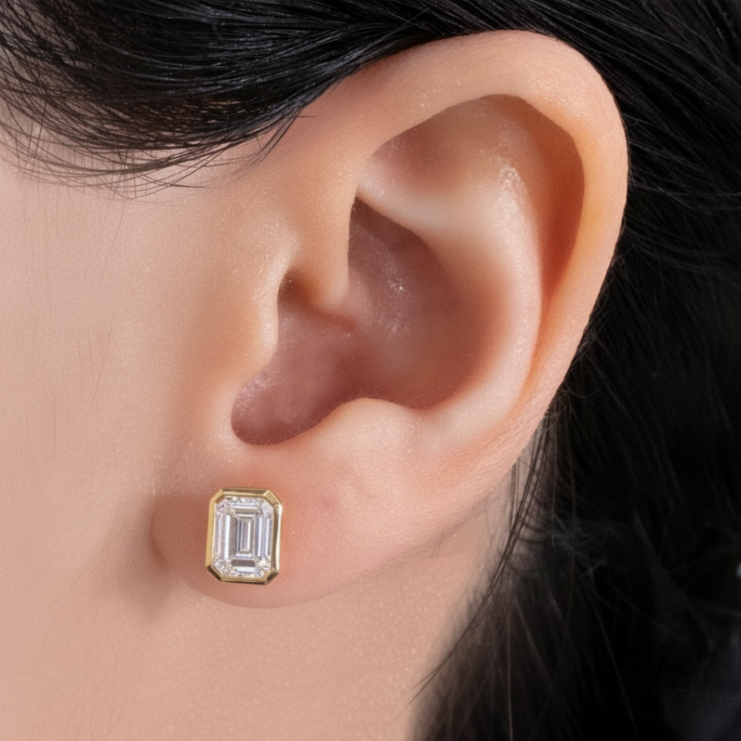 2ct Lab Grown Emerald Diamond Yellow Gold Bezel Stud Earrings