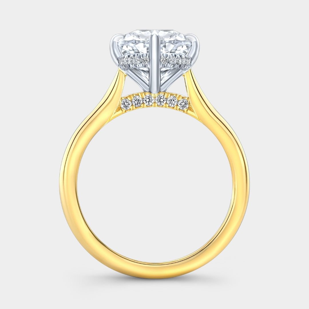 Cushion Diamond North South Prong Hidden Halo Tapered Cathedral Solitaire with Pave Diamond Bridge Yellow Gold And Platinum Engagement Ring