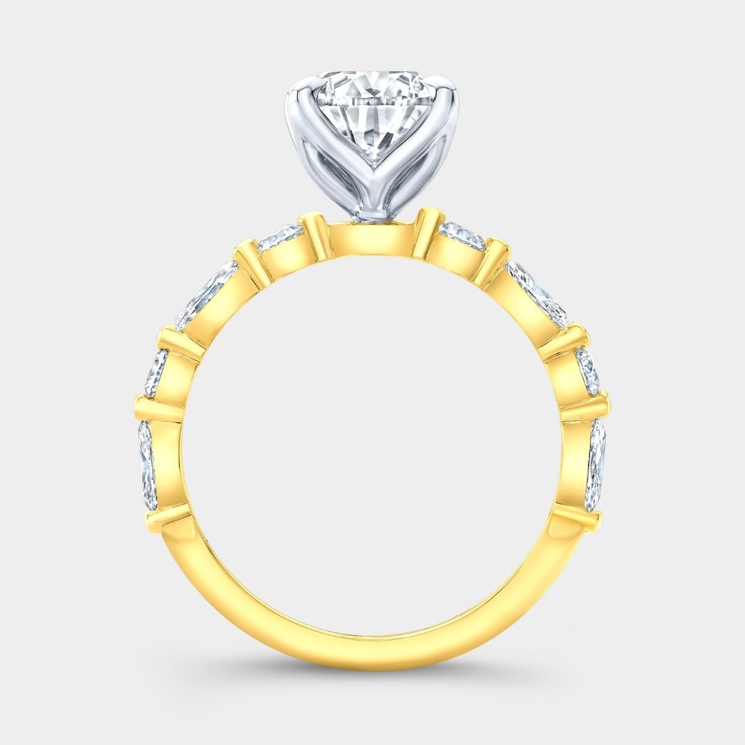 Pear Diamond Tulip French Pave Tulip Basket Petite Round & Marquise Diamond Band Engagement Ring
