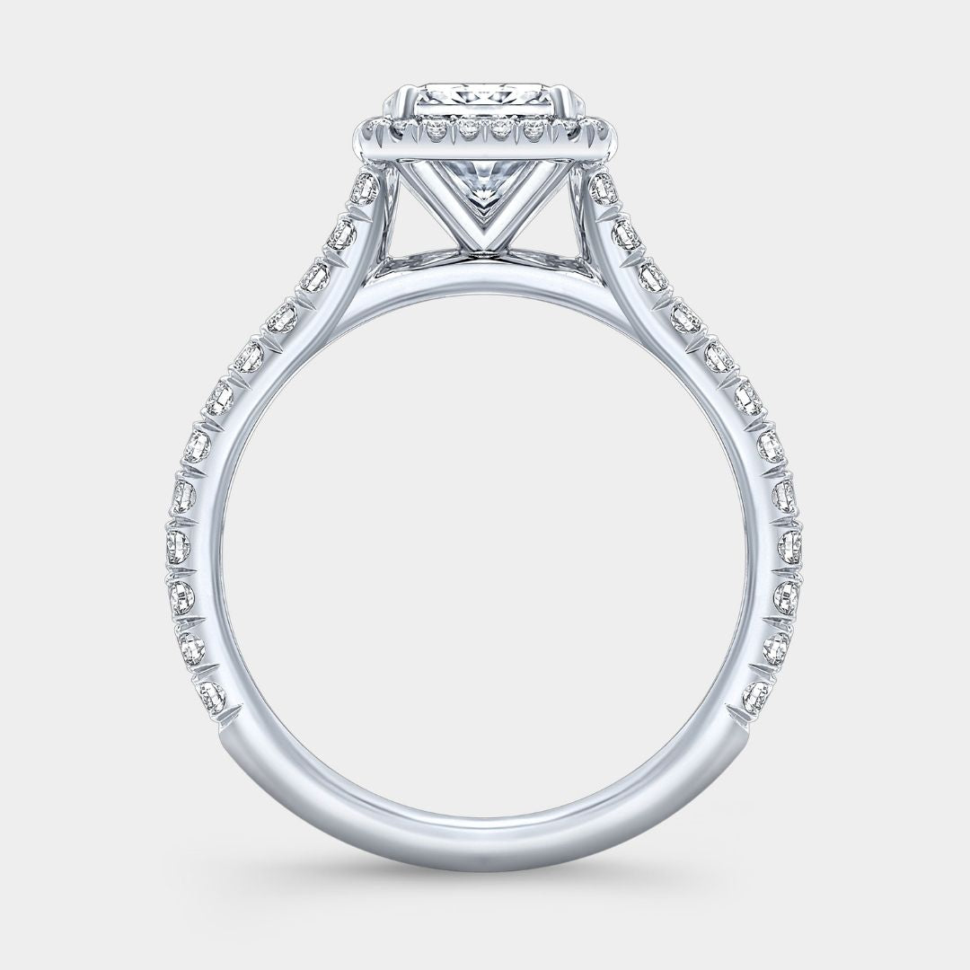 Radiant Diamond Seamless Halo Cathedral U Pave French Pave Platinum Engagement Ring