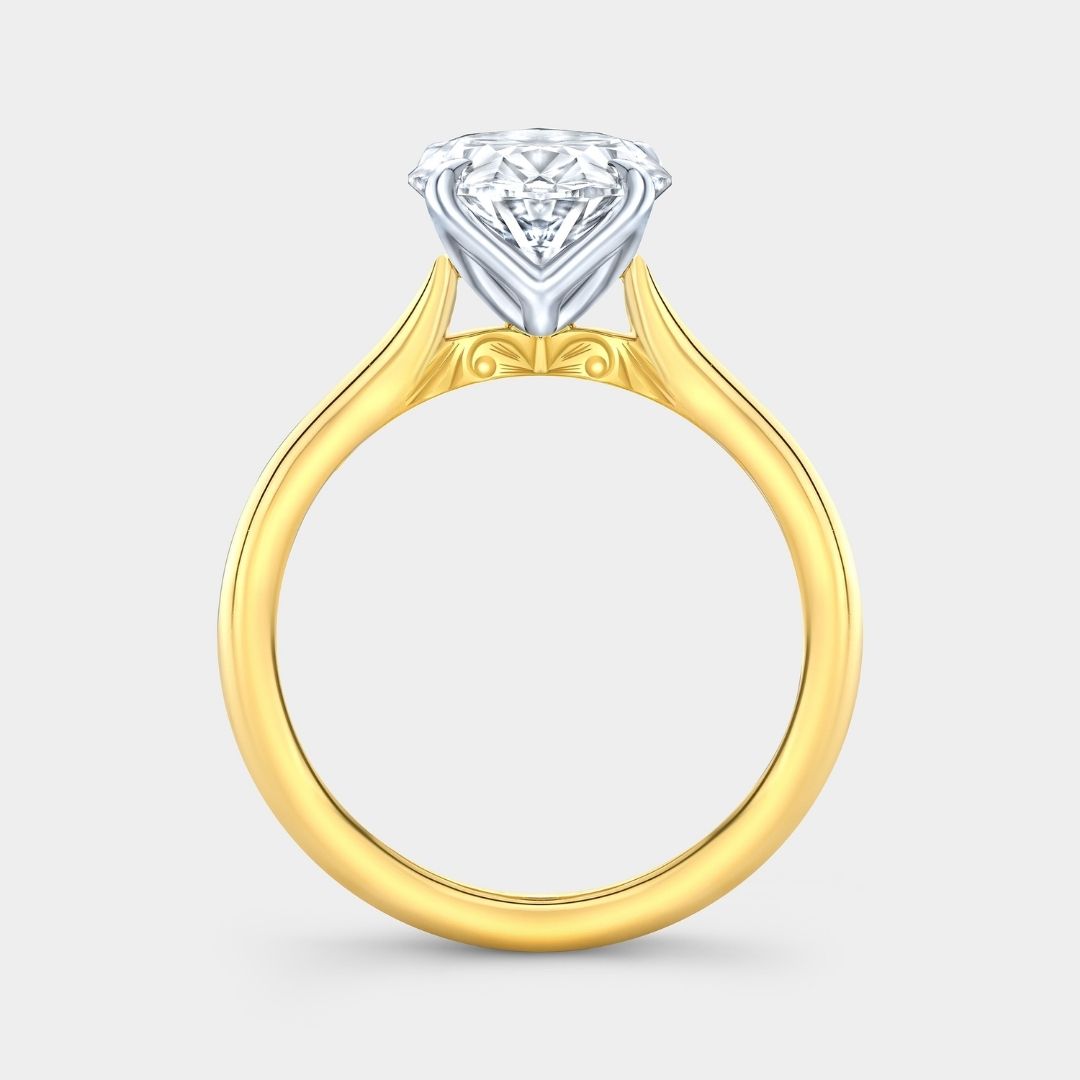 Oval Diamond Tulip Low Tapered Cathedral Solitaire Yellow Gold And Platinum Engagement Ring