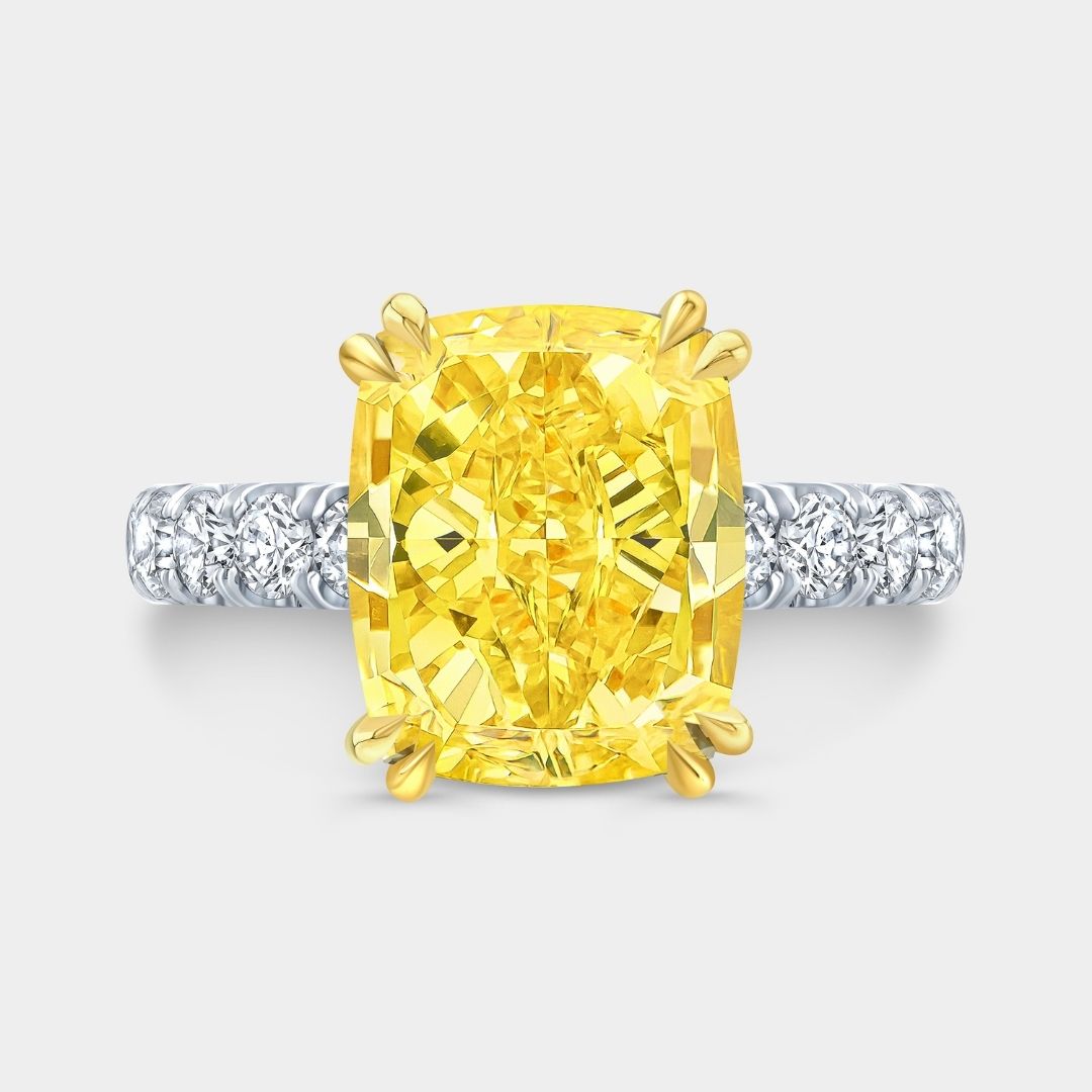 4.50ct Fancy Yellow Cushion Diamond Hidden Halo Double Prong 3/4 Way U Pave Yellow Gold and Platinum Engagement Ring