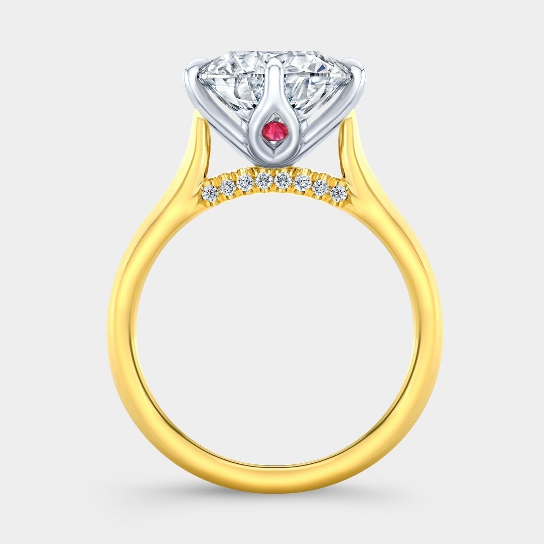 Round Diamond Compass Prong Tulip Basket Peekaboo Rubies Tapered Cathedral Diamond Bridge Solitaire Yellow Gold and Platinum Engagement Ring