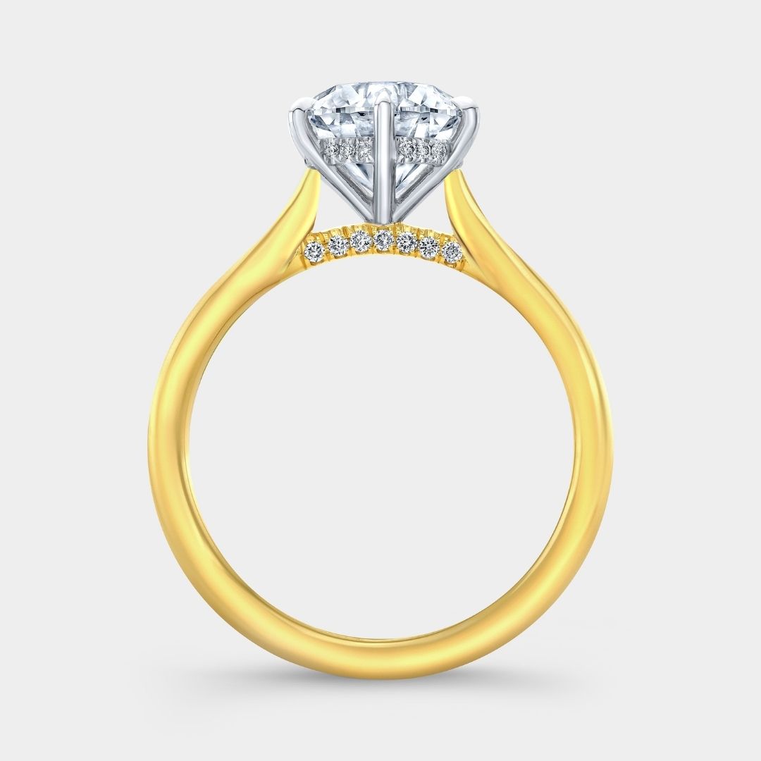 Round Diamond 6 Prong Hidden Halo Tapered Cathedral Diamond Bridge Solitaire Yellow Gold and Platinum Engagement Ring