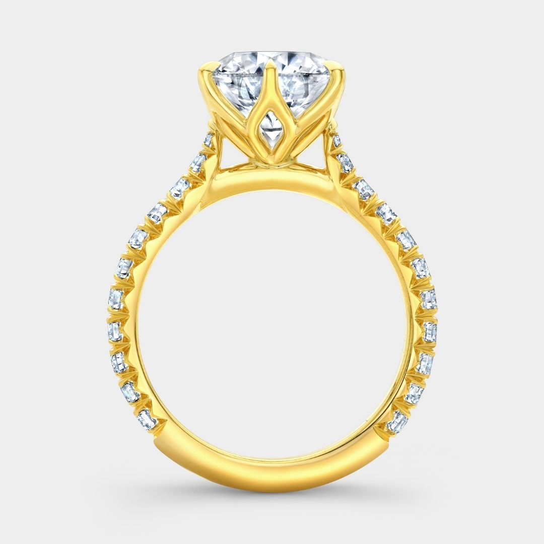 Round Diamond 6 Prong Tulip Basket Tapered Cathedral 3/4 Way French Pave Yellow Gold Engagement Ring