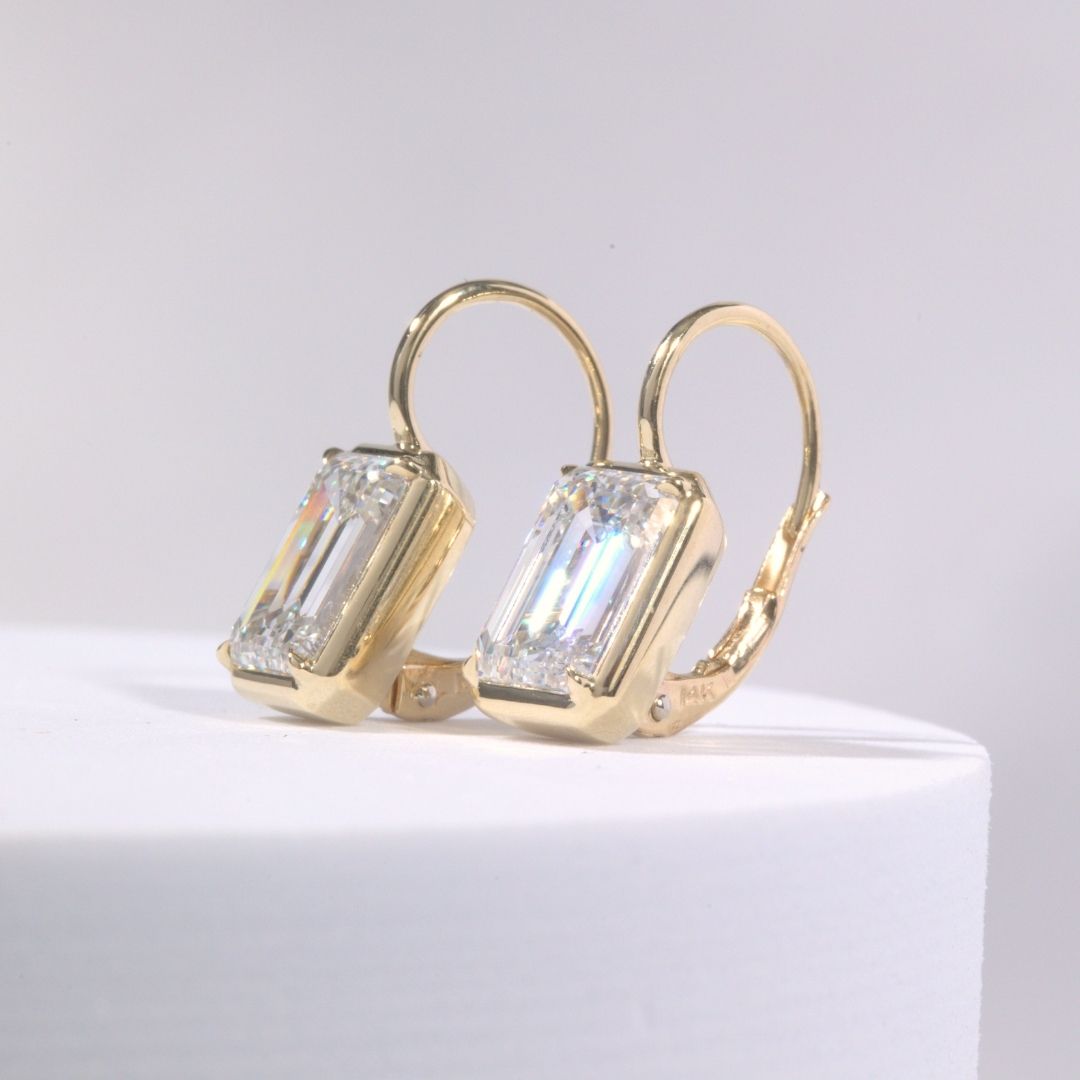 5ctw Lab Grown Emerald Diamond Mira Yellow Gold Dangle Drop Earrings