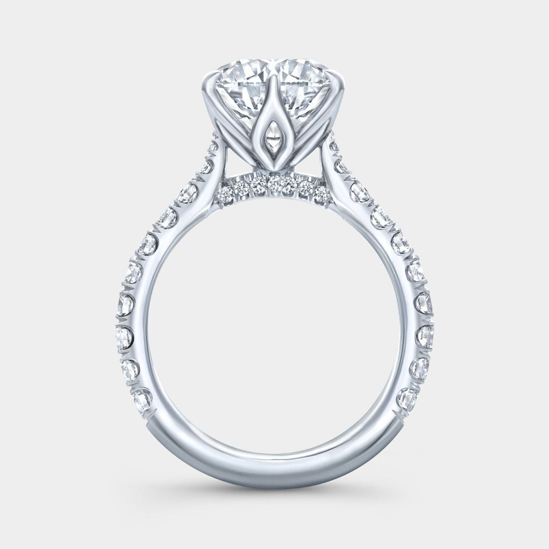 Round Diamond Tulip Basket 6 Prong Tapered Cathedral Pave Diamond Bridge U Pave Platinum Engagement Ring