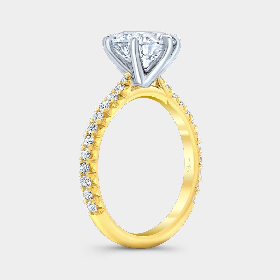 Round Diamond 6 Prong Low Tapered Cathedral French Pave Yellow Gold And Platinum Engagement Ring