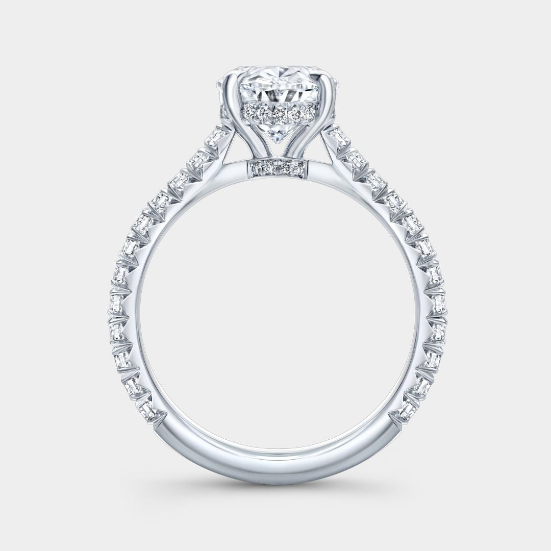 Oval Diamond Hidden Halo Hidden Blue Sapphire Cathedral French Pave Platinum Engagement Ring