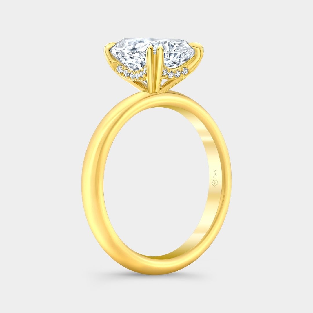 Cushion Diamond Curved Bar Hidden Halo Solitaire Yellow Gold Engagement Ring
