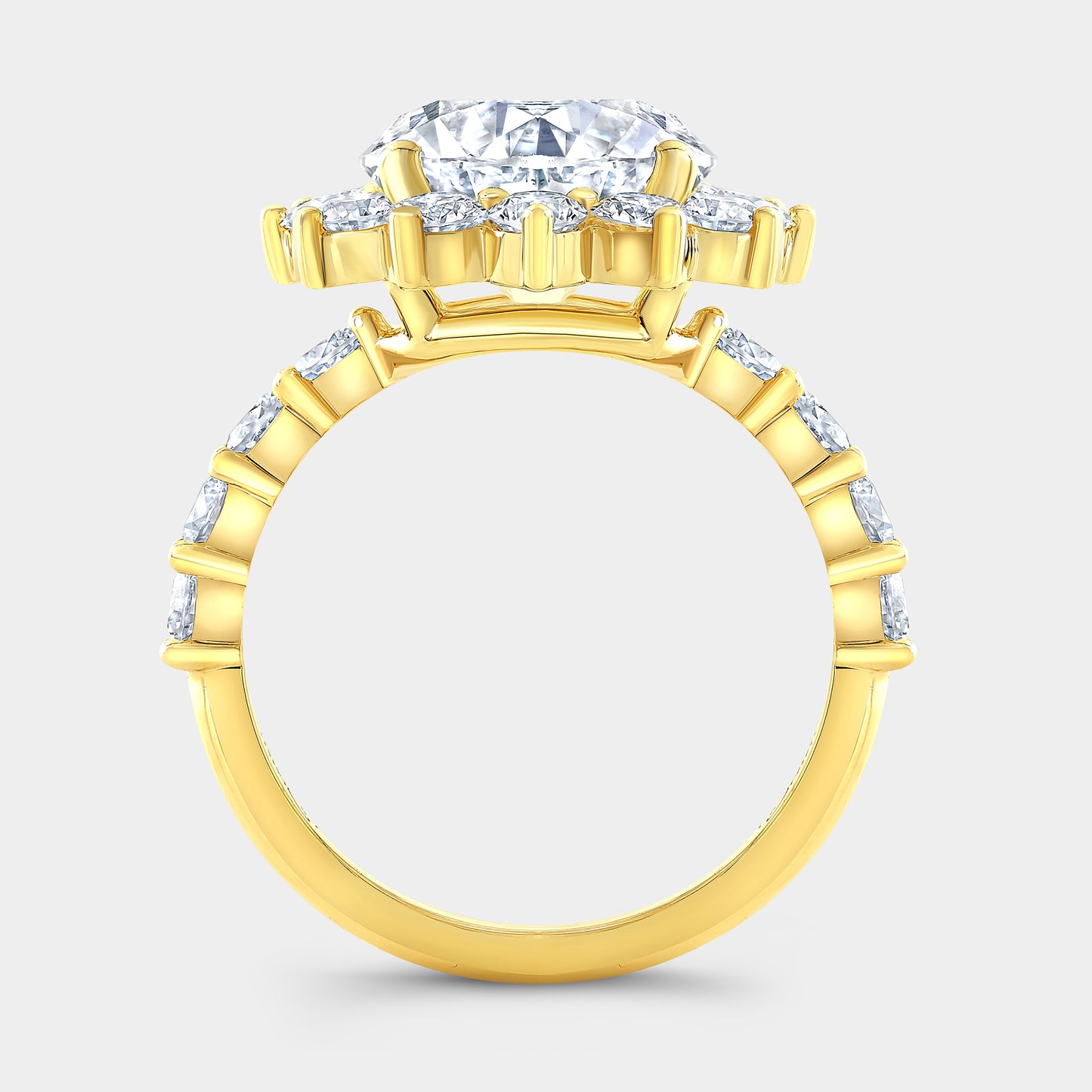 Round Diamond La Fleur Halo Shared Prong Band Yellow Gold Engagement Ring