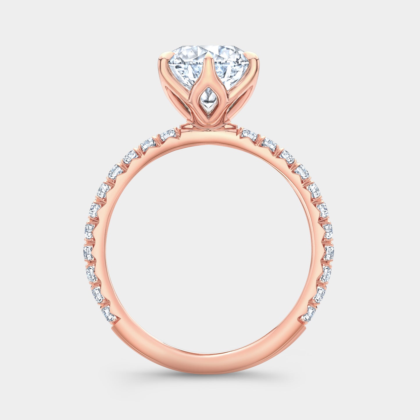 Round Diamond Tulip Basket 6 Prong Tapered Cathedral French Pave Rose Gold Engagement Ring