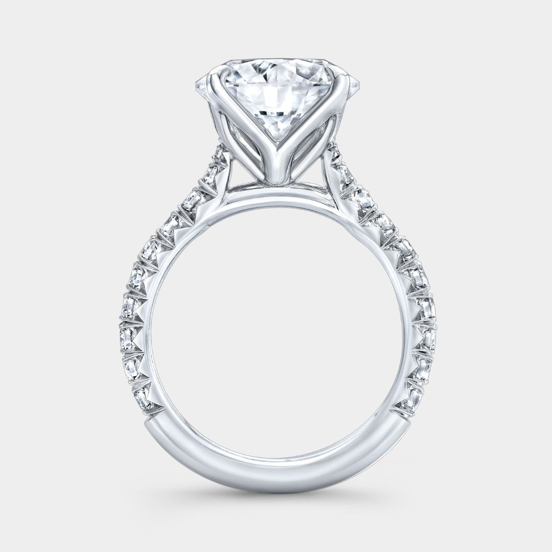 Round Diamond Tulip Basket 4 Prong Tapered Cathedral French Pave Platinum Engagement Ring