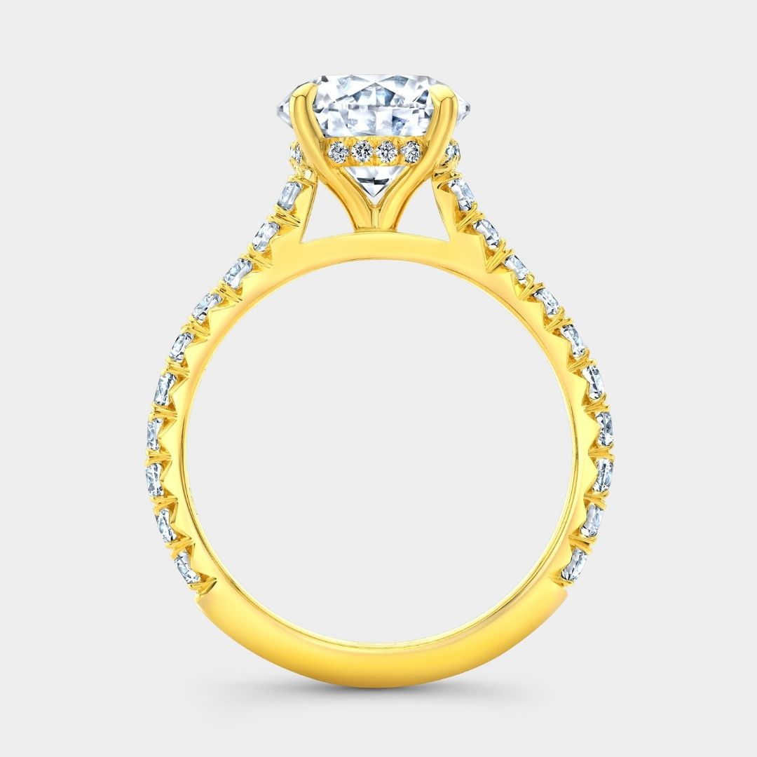 Round Diamond 4 Prong Hidden Halo Cathedral French Pave Yellow Gold Engagement Ring