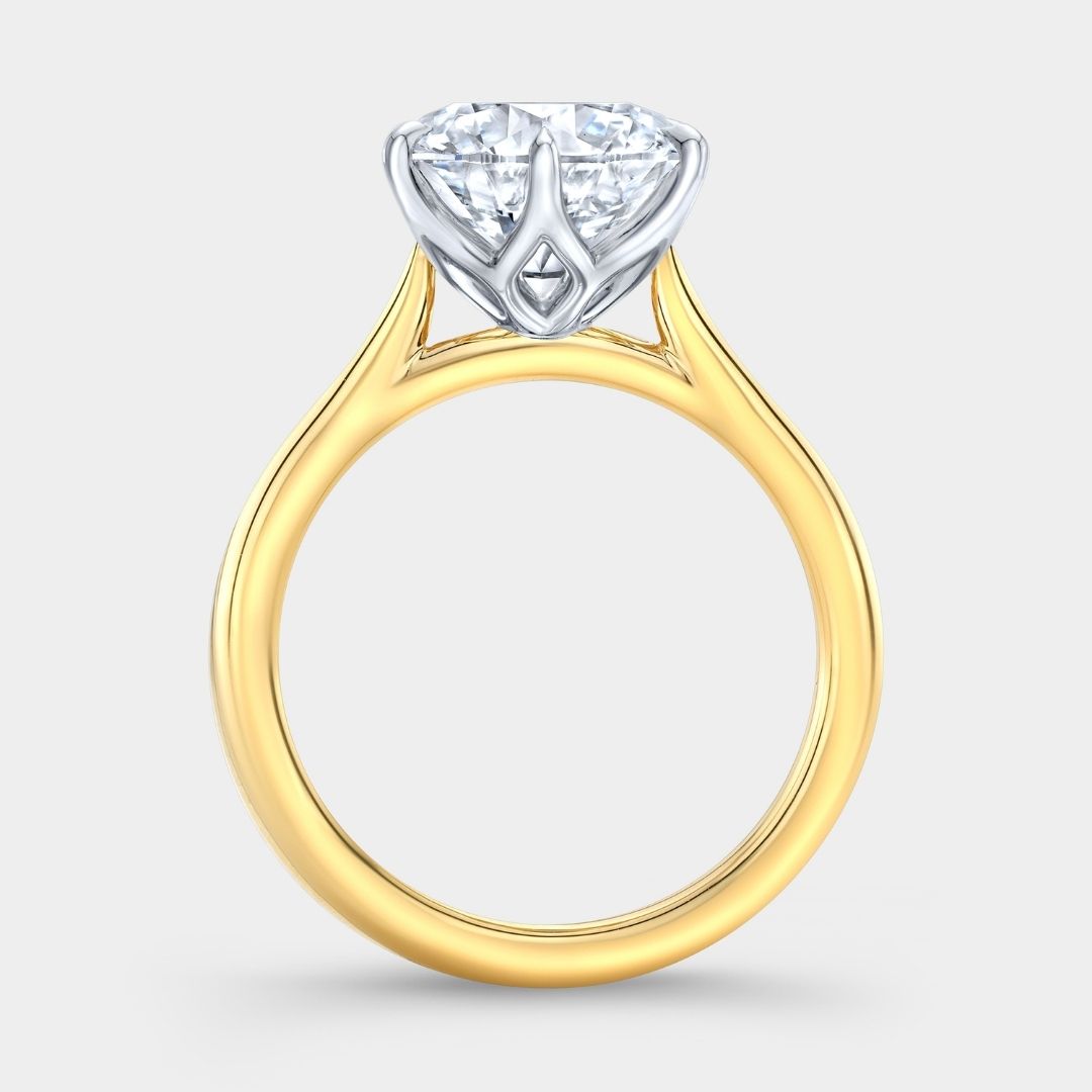 Round Diamond Tulip Basket 6 Prong Tapered Cathedral Solitaire Yellow Gold And Platinum Engagement Ring