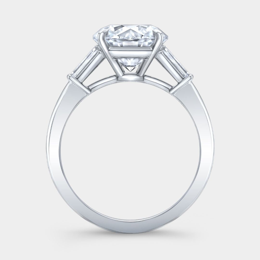 Round Diamond 3 Stone Ring with Tapered Baguette Side Stones Platinum Engagement Ring