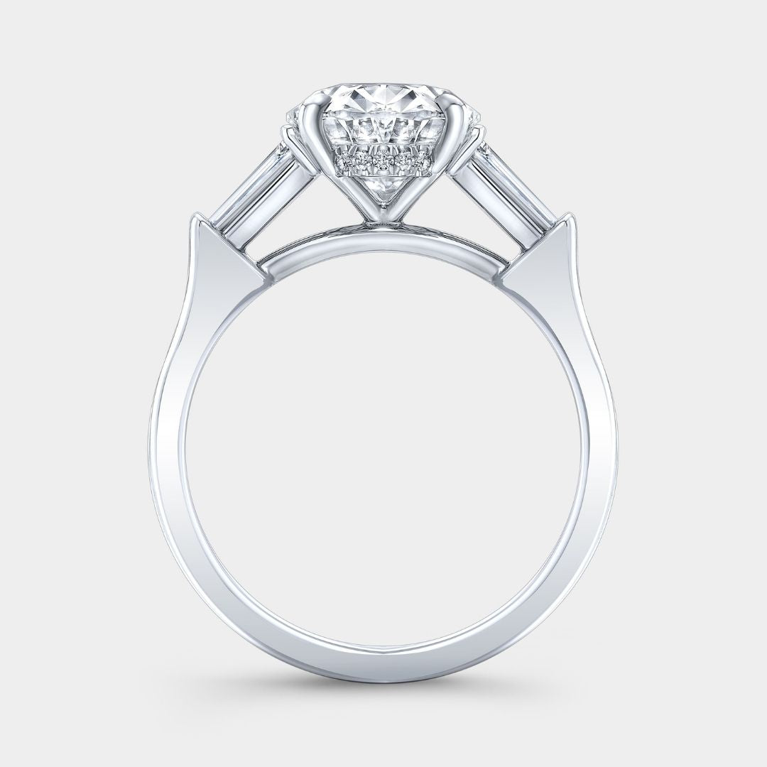 Oval Diamond 3 Stone Ring with Tapered Baguette Side Stones Platinum Engagement Ring