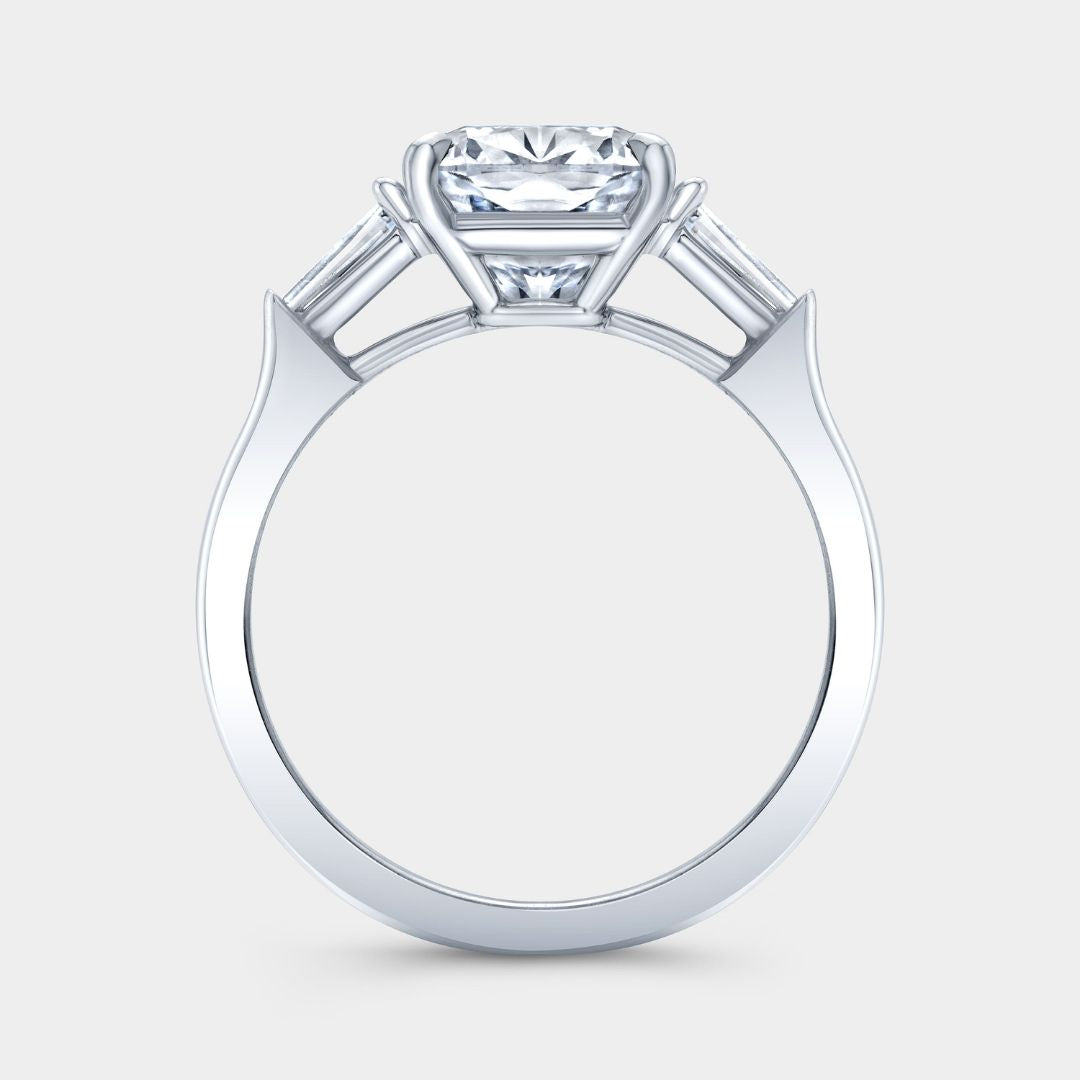 Cushion Diamond 3 Stone Ring with Tapered Baguette Side Stones Platinum Engagement Ring