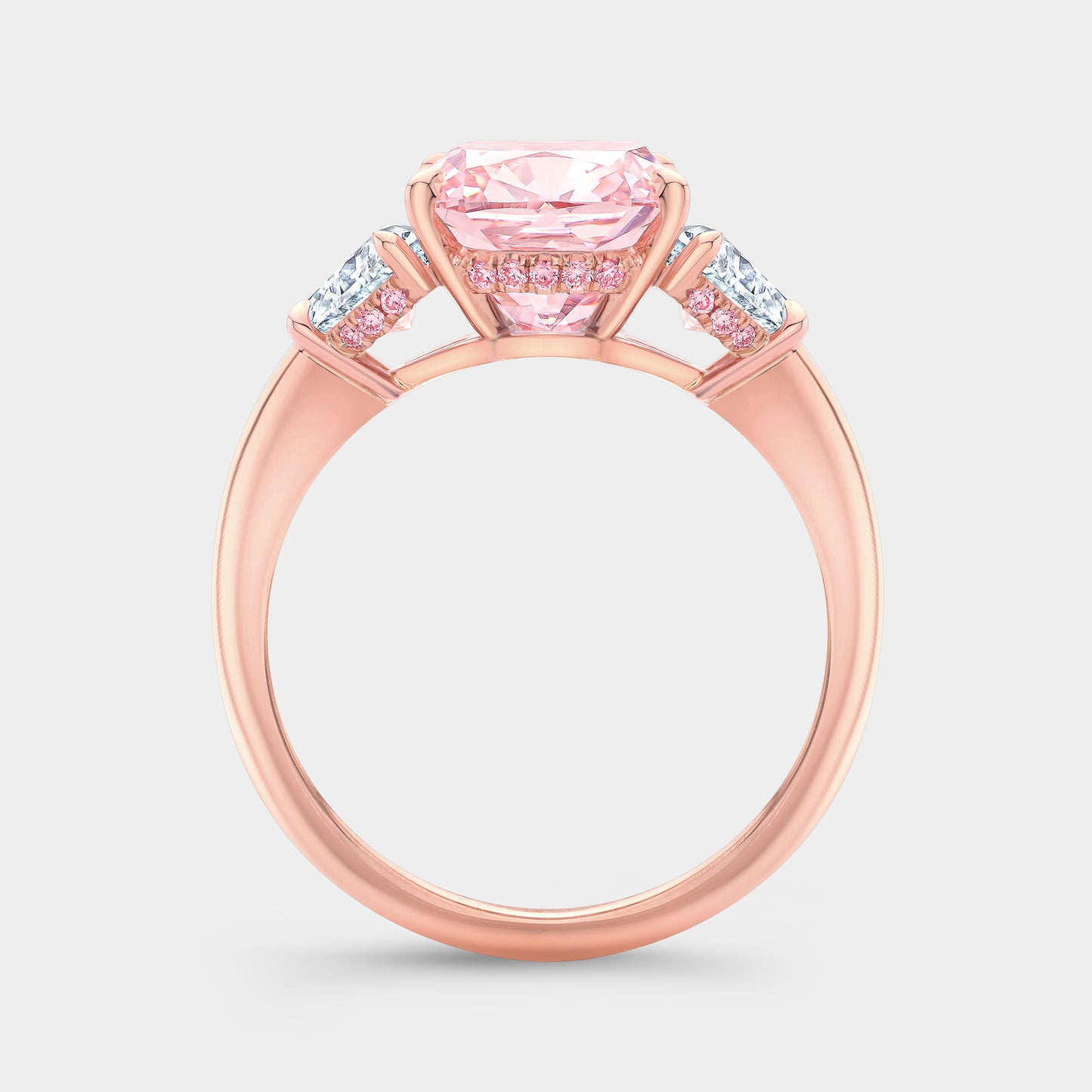 4ct Lab Grown Pink Cushion Cut Diamond 3 Stone Engagement Ring with Trillions