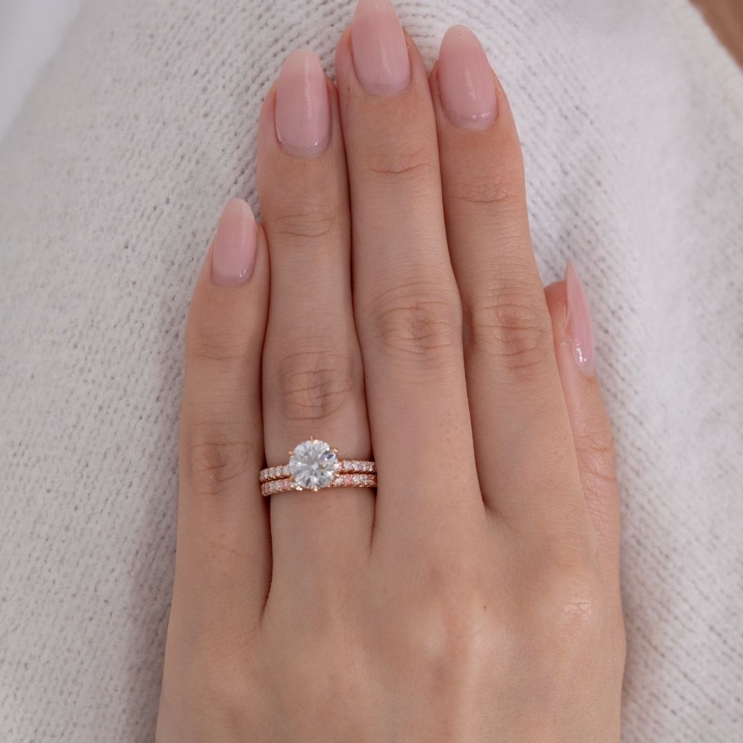 Lab Pink White Diamonds French Pave Wedding Band