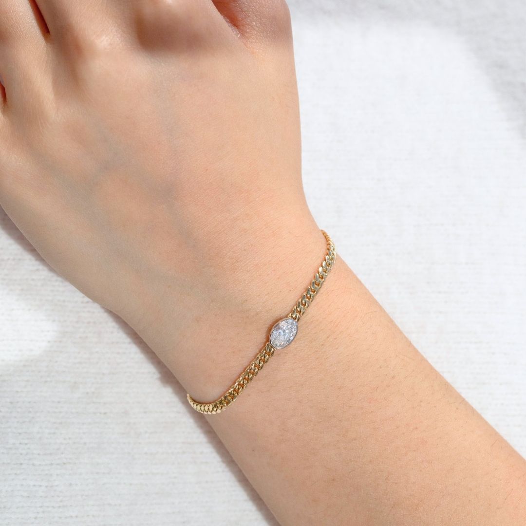 1ct Lab Grown Oval Diamond Bezel Cuban Chain Bracelet Yellow Gold and Platinum