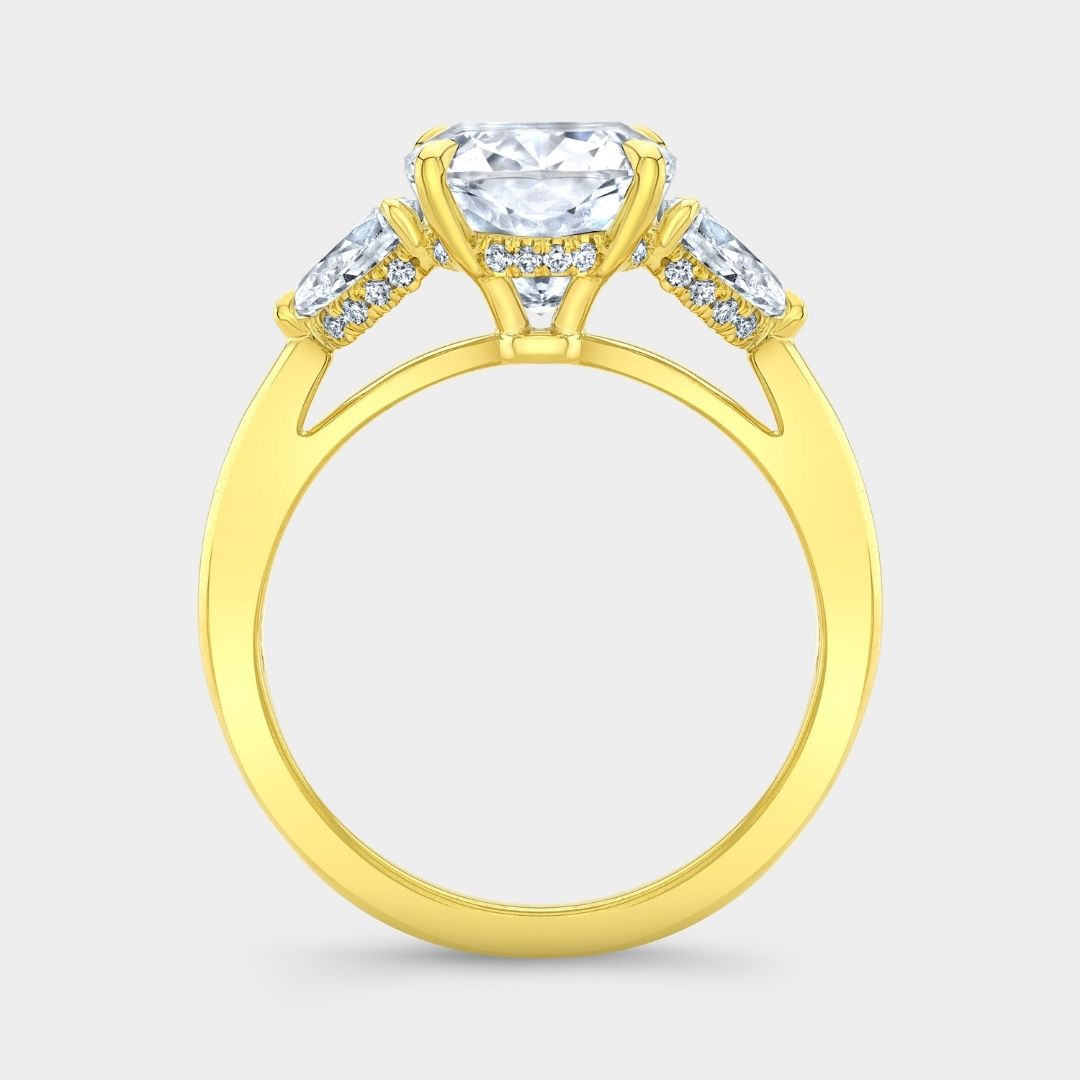 4ct Cushion Cut Diamond 3 Stone Ring with Pears and Hidden Halo Yellow Gold Engagement Ring