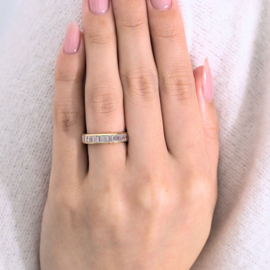 Emerald Diamond Thin Channel Set Eternity Yellow Gold Band