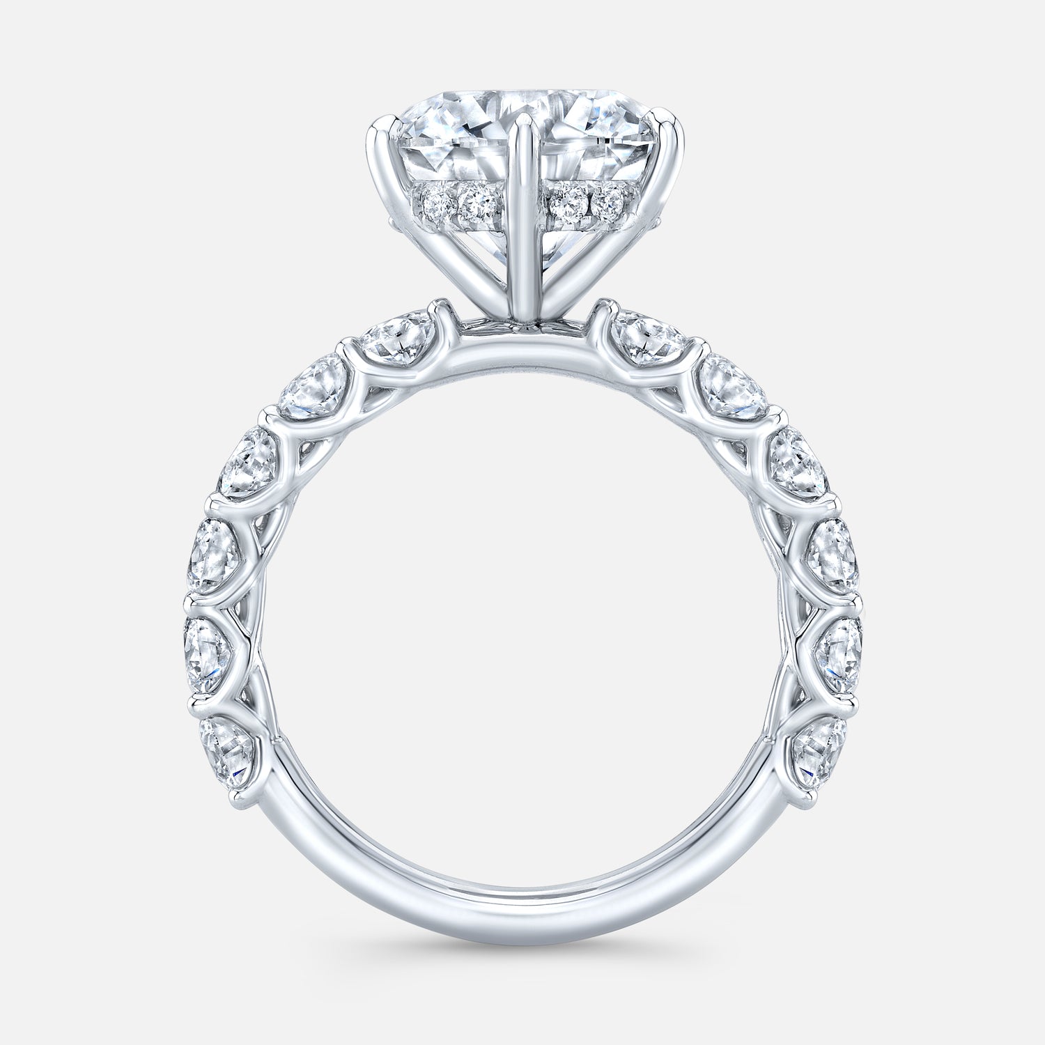 Diamond ring, side view, halo and prongs.