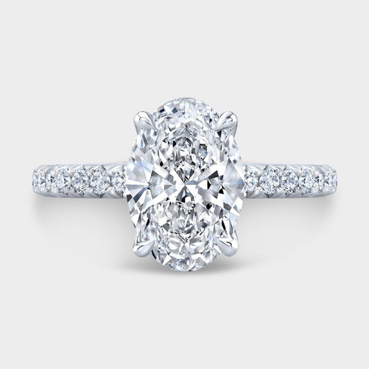 2.63ct Lab Grown Oval Diamond Tulip Diamond Bridge Tapered Cathedral French Pave Platinum Engagement Ring