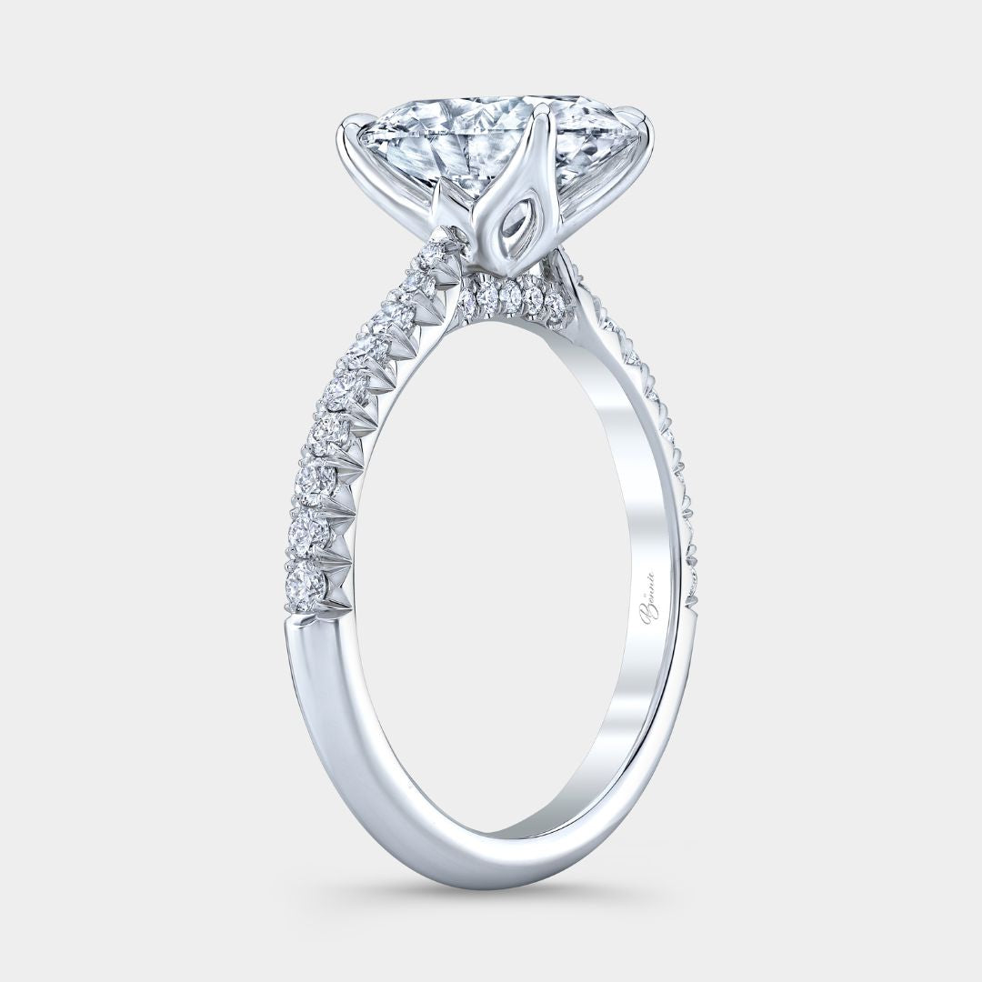 2.63ct Lab Grown Oval Diamond Tulip Diamond Bridge Tapered Cathedral French Pave Platinum Engagement Ring