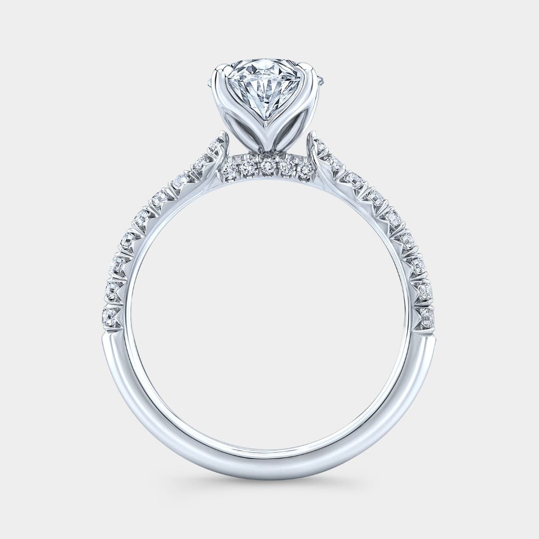 2.63ct Lab Grown Oval Diamond Tulip Diamond Bridge Tapered Cathedral French Pave Platinum Engagement Ring
